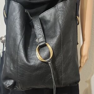 Lucky Brand Black Leather Shoulder Bag with Gold Rings